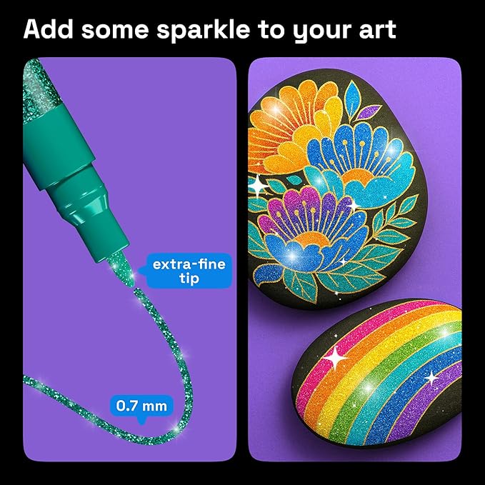ARTISTRO 12 Glitter Paint Pens Sparkly and Shiny for Glass, Rock Painting, Ceramic, Wood, Fabric, Scrapbooking, DIY Craft Making, Coloring - Acrylic Paint Markers Extra-Fine Tip 0.7mm