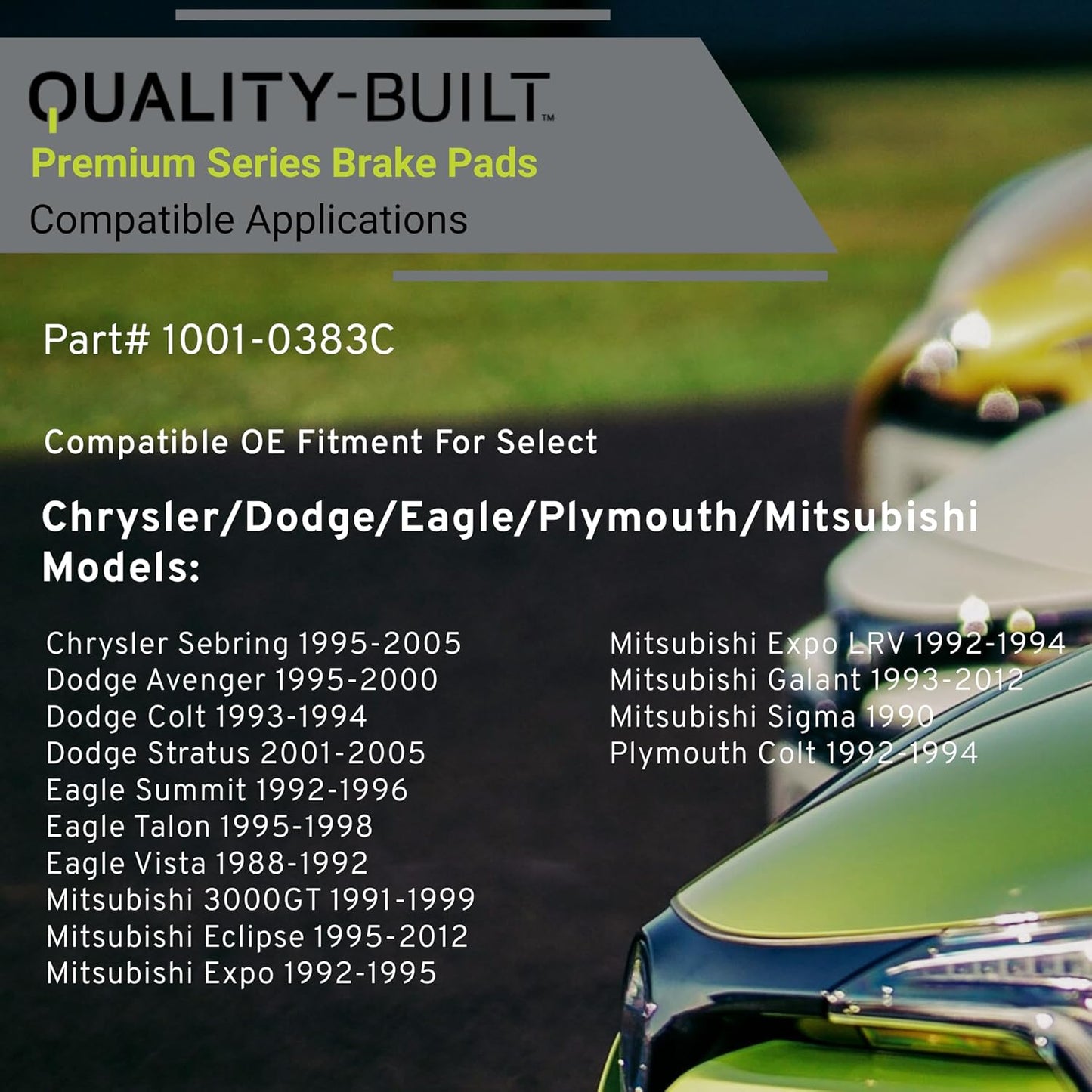 Premium Ceramic Rear Brake Pads (1001-0383C) Compatible with 1988-2012 Chrysler/Dodge/Eagle/Mitsubishi/Plymouth (3000GT/Avenger/Colt/Eclipse/Expo/Expo LRV/Galant/Sebring/Sigma/Stratus)