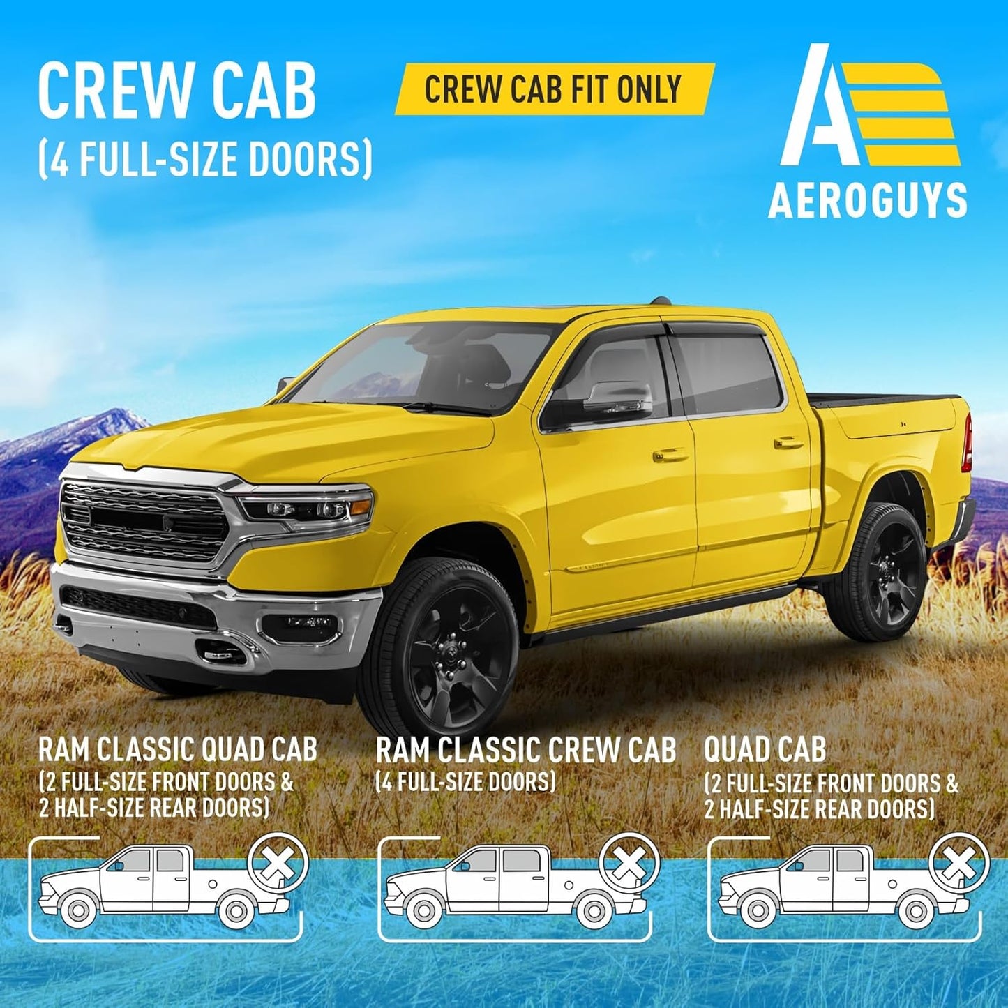 Extra Durable Window Deflectors Tape-On Window Visors Rain Guards Fit for Dodge Ram 1500 (New Body Style) 2019-2025 Crew Cab, Sun Visors, Wind Vent for Shades, Exterior Car Accessories - 4pcs. AG0717