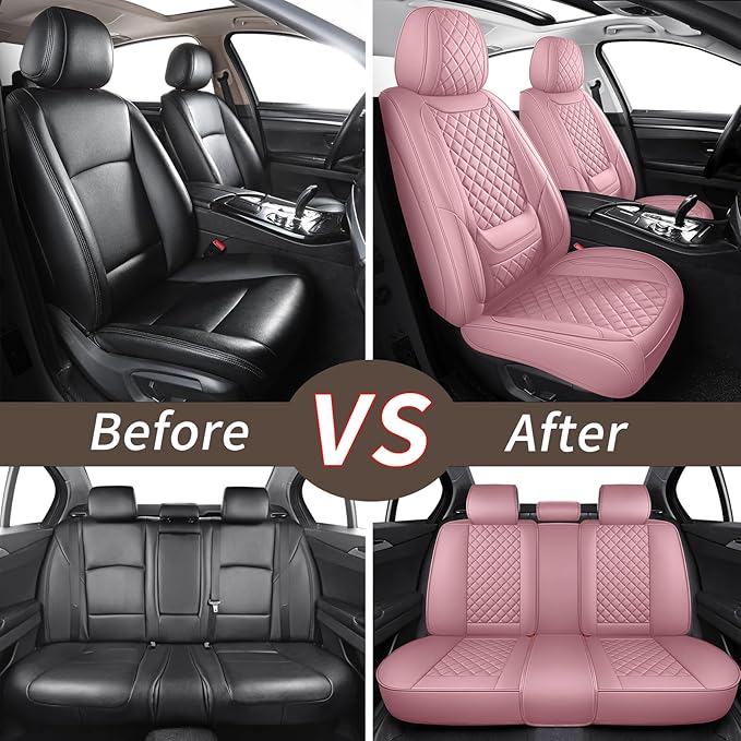 Leather Car Seat Covers Full Set Breathable Automotive Seat Covers Waterproof Seat Protectors Universal Fit for Most Automotive Cars SUV Trucks Van (Pink, Full Set)