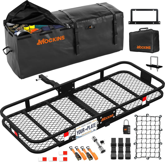 Mockins 60"x20"x6" Heavy Duty Trailer Hitch Cargo Carrier w/License Plate Holder & 16 Cu.Ft. Waterproof Cargo Bag for Hitch Carrier | All-Weather 500 Lbs. Cap Folding Luggage Rack for SUV Car & Truck