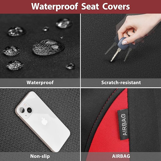CAR PASS Neoprene Wetsuit Seat Covers, Waterproof Car Seat Covers Front with 5mm Composite EVA, Universal Fit for Car,Sedan, SUV TrucksAnti Slip with Armrests, Airbag Compatible(Black and Red