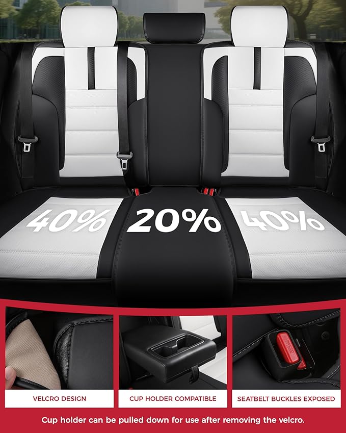 FREESOO Black White Car Seat Covers Full Set - Faux Nappa Leather Seat Covers for Cars, with Front Seatbelt Pads, Cute Breathable Cushion Protectors Fit for Most 5 Seats Sedans SUV Hatchbacks Trucks