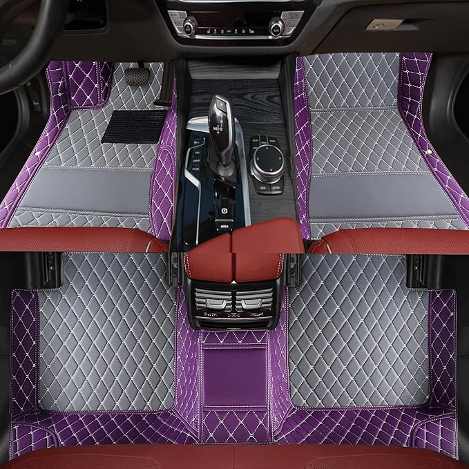 Custom Car Floor Mats - Suitable for 99% Cars, Trucks, SUVs - All Weather Personalized, Full Coverage Luxury Mats - Anti-Slip Leather - Purple and Gray