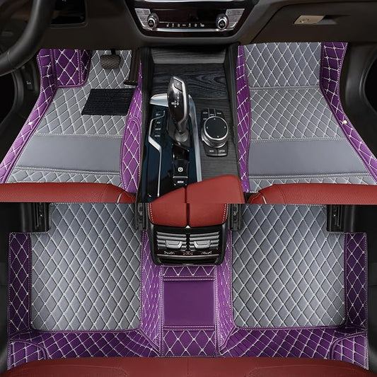 Custom Car Floor Mats - Suitable for 99% Cars, Trucks, SUVs - All Weather Personalized, Full Coverage Luxury Mats - Anti-Slip Leather - Purple and Gray