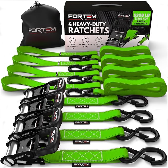FORTEM Ratchet Tie Down Straps, 5208lb Break Strength, 4 Pack 10ft x 1.5in Heavy Duty Straps, 4 Soft Loops, Cam Buckles for Motorcycles, Safety Lock S Hooks, Carry Bag