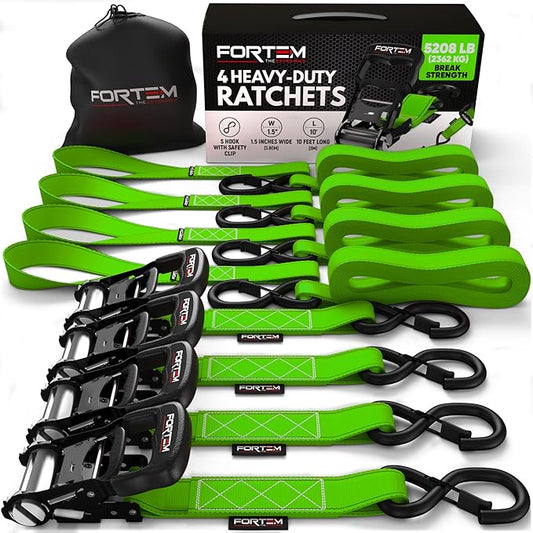 FORTEM Ratchet Tie Down Straps, 5208lb Break Strength, 4 Pack 10ft x 1.5in Heavy Duty Straps, 4 Soft Loops, Cam Buckles for Motorcycles, Safety Lock S Hooks, Carry Bag