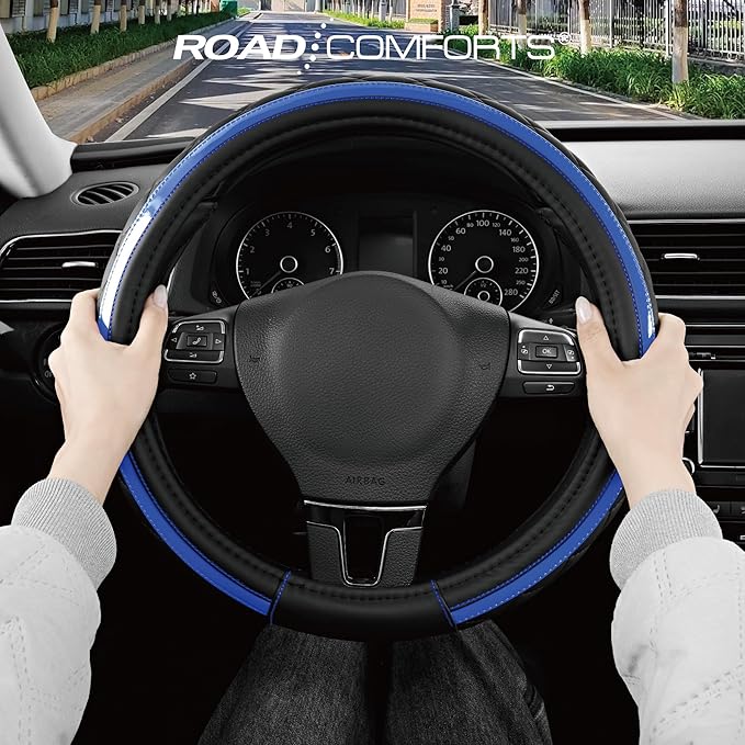 Road Comforts Leather Steering Wheel Cover – Black & Blue, Universal Fit 14.5-15 Inch, Microfiber Leather, Anti-Slip & Breathable Design for Men and Women