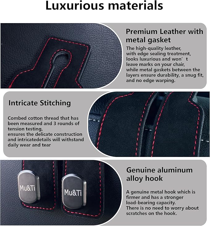 Mu&Ti Purse Hook for Car,Leather Seat Back Storage Hook, 2 Pack Hooks for Headrest, Car Accessories for Women (Black)