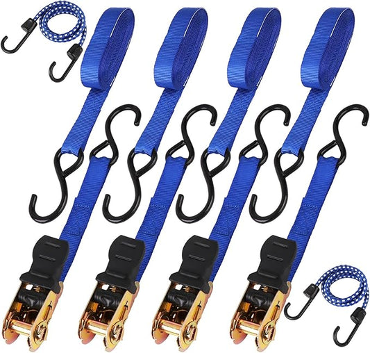 HORUSDY Ratchet Straps, 2,200 LB Break Strength, 4-Pack 15FT Ratchet Tie Down Straps Set for Motorcycle Straps Tie Downs, Appliances, Lawn Equipment, Cargo Straps for Trucks. (Blue)