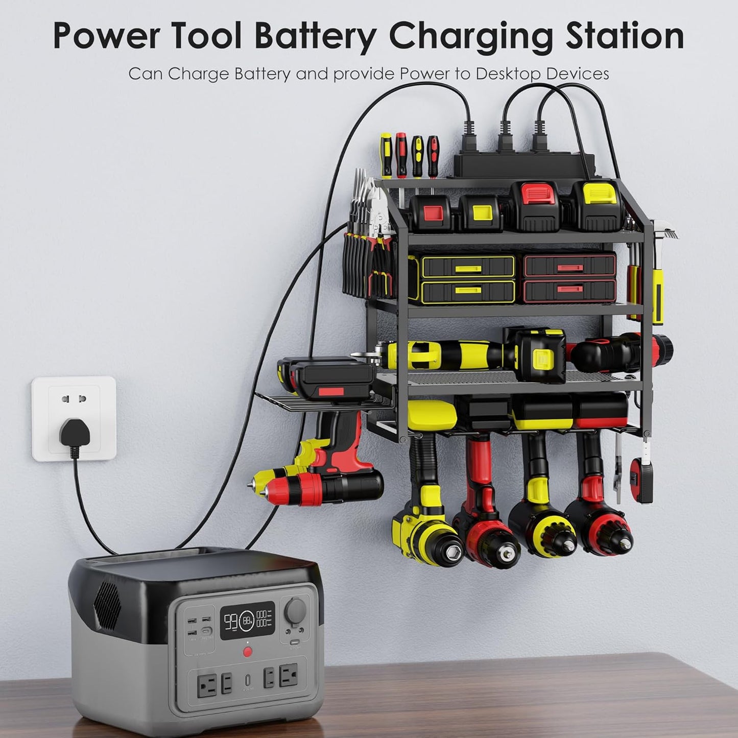 Power Tool Organizer Wall Mount with Charging Station, 4 Layer Storage Rack and Tool Holder for Garage Organization, 6 Drill Holder Wall Mount, 4 Hooks and 6 Outlet Power Strip, Great Men's Gift
