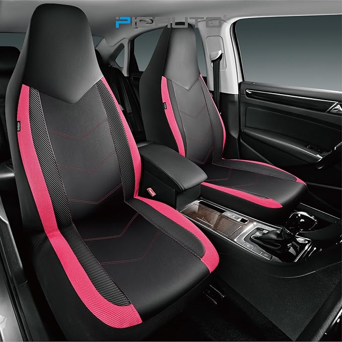 PIC AUTO Leather Car Seat Covers, Sports Carbon Fiber & Mesh Design, High-Back Two Front Set, Waterproof Automotive Seat Covers, Airbag Compatible, Universal Fit for Most Cars (Black & HotPink)