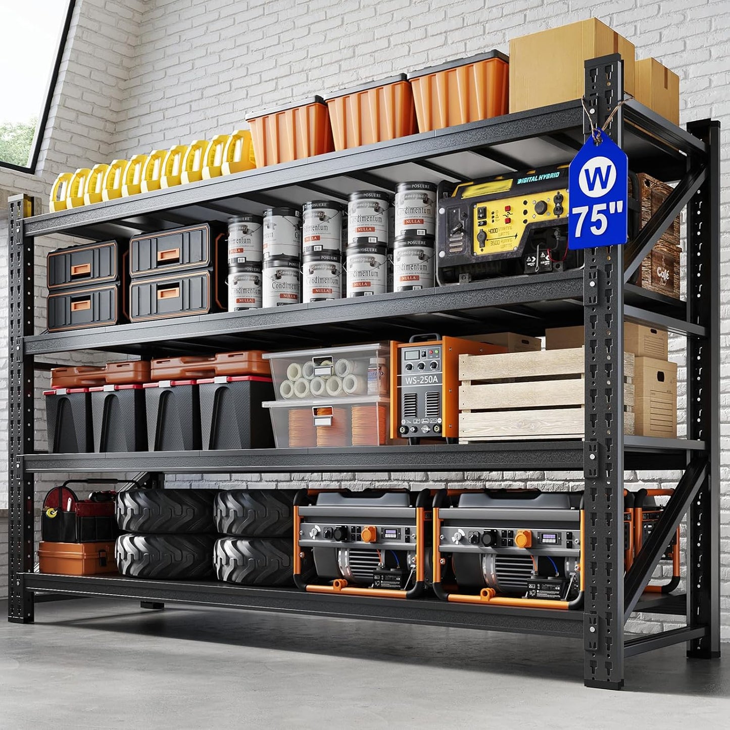 Yizosh 75" W Metal Garage Storage Shelves,8000LBS Heavy Duty 4-Shelf Adjustable Steel Organization Shelving,Utility Rack Shelf,75" W x 24" D x 70" H for Basement,Warehouse,Industrial