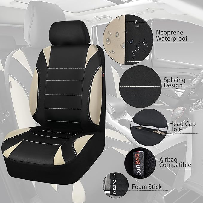 CAR PASS Waterproof Car Seat Covers Full Sets, Universal Fit Seat Covers for Cars, EVA Neoprene Seat Cover Set Full Sets, Interior Covers for Auto SUV,Vans,sedans, Trucks,(Black and Beige)