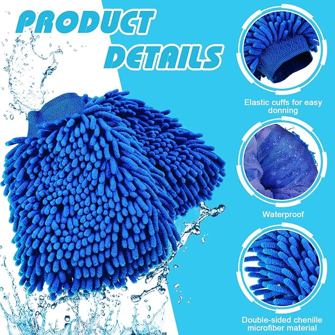 Toulite 16 Pcs Car Wash Mitt Chenille Microfiber Wash Mitt Double Sided Glove Cleaning Drying Mitts(7.48 x 10.24 Inch,Royal Blue, Green)