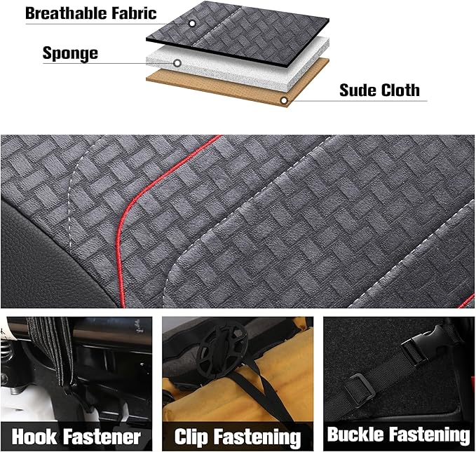 CAROMOP Premium PU Leather&Flannel Car Seat Covers Full Seats,Split Bench Compatible Car Interior Covers, Universal Fit Most Car Sedan Truck SUV(5-Seat Black/Red)