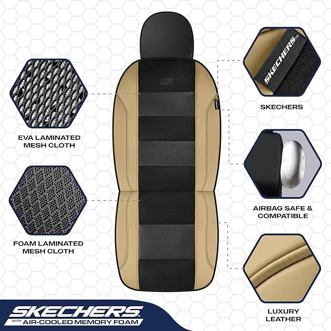 Skechers Aircooled & Memory Foam Car Seat Covers,Premium Leather with EVA Mesh Seat Covers, Front car seat Protector, Airbag Compatible, Automotive Comfort for Most Cars, Vans, Trucks, SUV,Biege