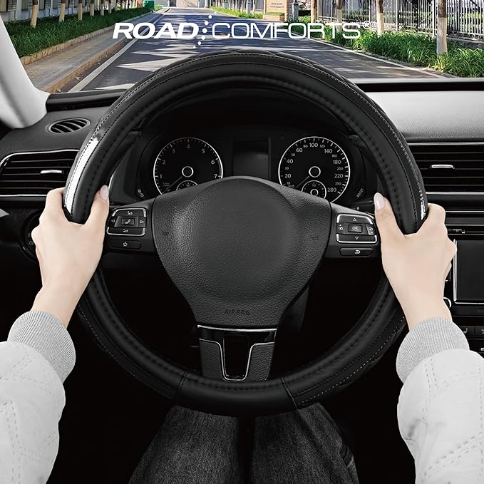 Road Comforts Leather Steering Wheel Cover – Black & Black, Universal Fit 14.5-15 Inch, Microfiber Leather, Anti-Slip & Breathable Design for Men and Women