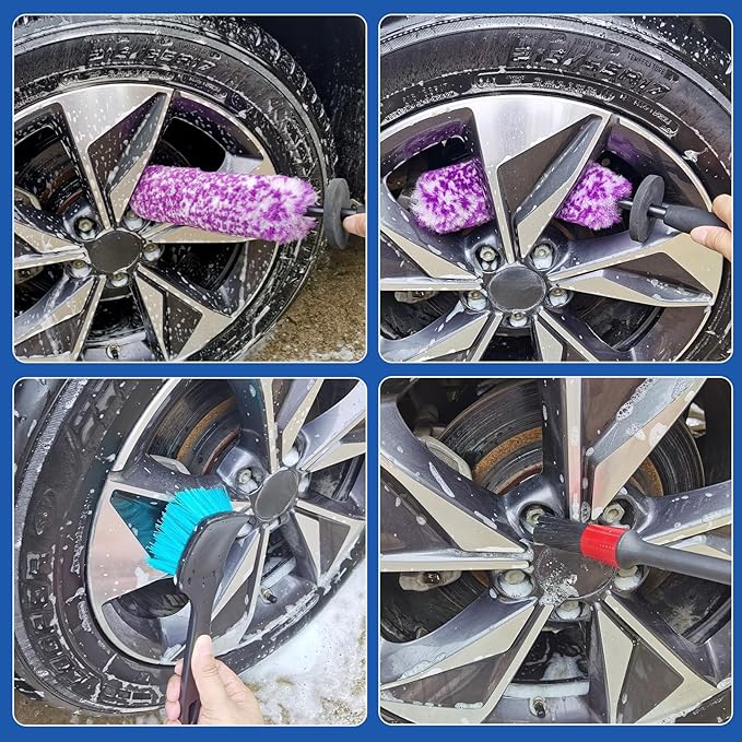 5 Pack Car Wheel and Tire Cleaner Brushes Kit Auto Motorcycle Rim Ultra Soft Microfiber No Spatter Bendable Woolies Bristle Cleaning Set (Purple & White)