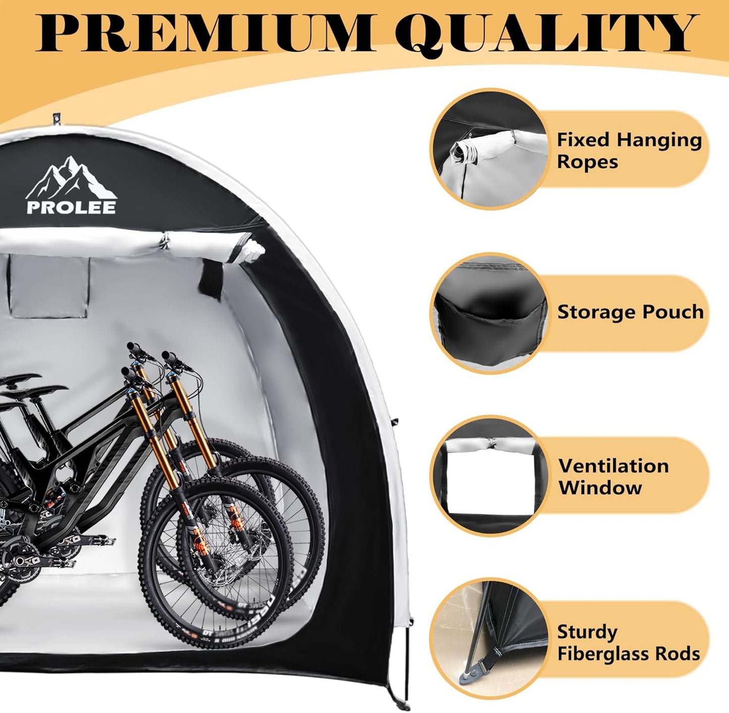 PROLEE Bike Shed 6.6FT, Waterproof Oxford Fabric Storage Tent for 2 Bikes, Outdoor Storage with Window Design, Black