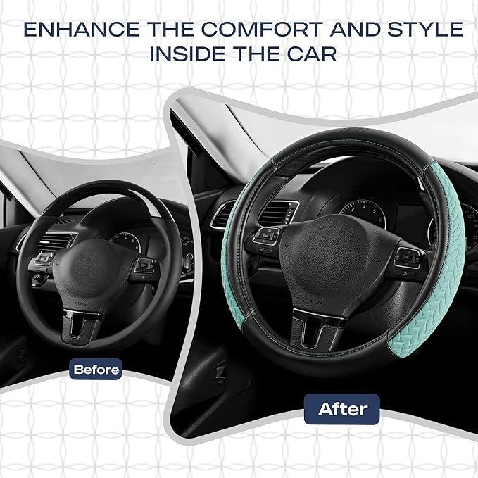 Skechers Steering Wheel Cover,Max Cushioning Leather Steering Wheel Cover Universal Fit 14" 1/2-15" Car Wheel Protector for Men Women Fit Suvs,Vans,Sedans,Car,Trucks,Mint