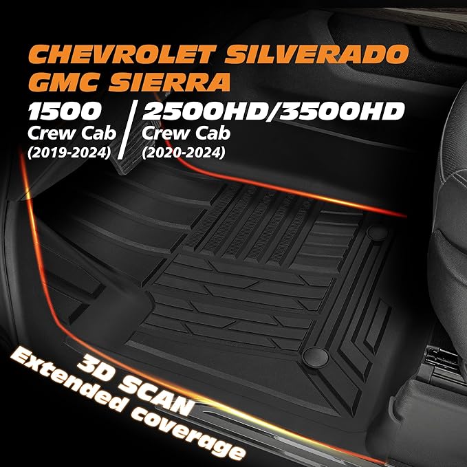 Floor Mats for 2019-2025 Chevrolet Silverado/GMC Sierra 1500 Crew Cab & 2020-2025 Chevy/GMC 2500HD/3500HD|Custom Fit|Front & Rear|Front Bucket|All-Weather Car Liners for Trucks