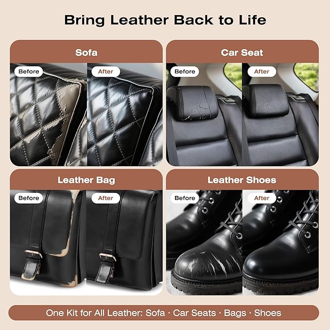 12H Quick-Dry Leather Repair Kit with 3.53Oz Black Leather Recoloring Balm, Filler & 4.23Oz Care Cream, 3-in-1 Vinyl Repair Set for Sofa, Car Seats, Jackets, Purses, Shoes, Faux Leather and More