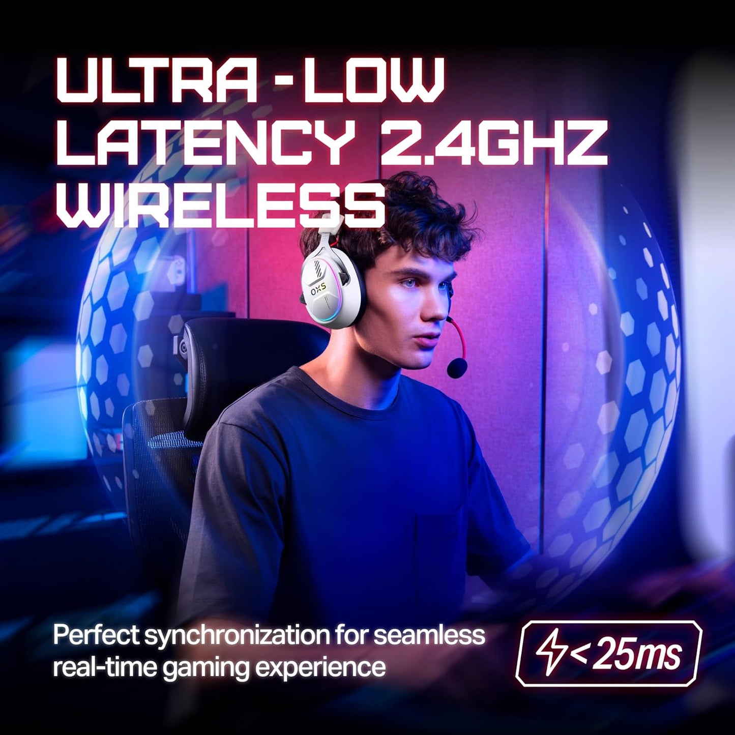 OXS Storm G2 Wireless Gaming Headsets, 7.1 Virtual Surround Sound, 3 EQ Modes, 2.4G Low Latency, 50mm Driver, 40H Playtime, RGB Light, Bluetooth 5.3, Compatible with PC, Console, Mobile, White