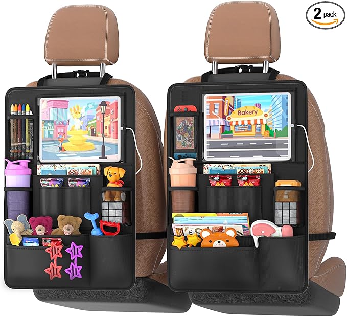 Backseat car Organizer with Touch Screen,2PACK of car organizer Kick Mats Back Seat Protector with 10pcs Storage Pockets,Car Seat Back Organizers Storage for Kids road trip essentials