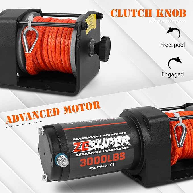 ZESUPER 3000 lb Electric Winch for ATV UTV Trailer Boat Synthetic Rope Winch 12V DC Off Road Towing Winches with Wireless Remote Mounting Bracket