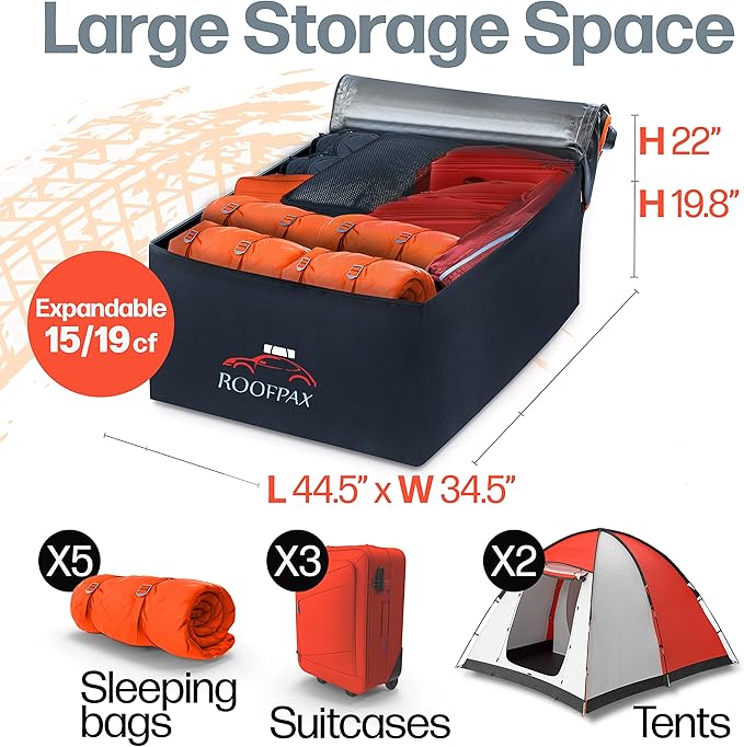 RoofPax Expandable 15/19 cft. Car Rooftop Cargo Carrier Bag Waterproof Storage Including Double Zippers, Heavy-Duty Tie-Down Straps fit Cars with/Without Roof Top Rack or Side Rails