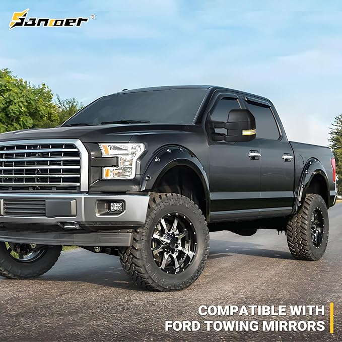 Towing Mirrors for 2015-2020 F150 Ford Tow Mirrors with Turn Signal & Running Light Heated Power Glass Temp Sensor Pair Set, Unpainted Black