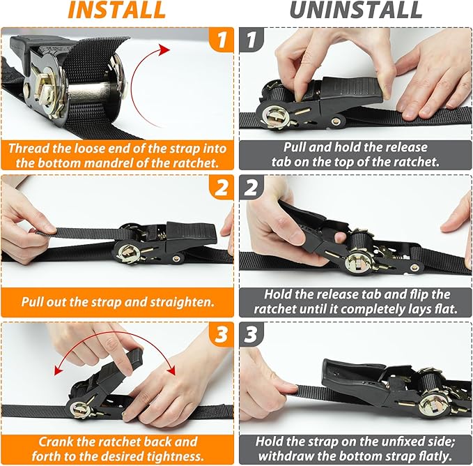 Ratchet Tie Down Straps with Safety Clip 4-Pack 1" x 15' & 4 Soft Loops - 500 lbs Load Cap 1500 lbs Breaking Limit, Ohuhu Ratchet Tie Downs Logistic Cargo Straps for Moving Appliances, Motorcycle