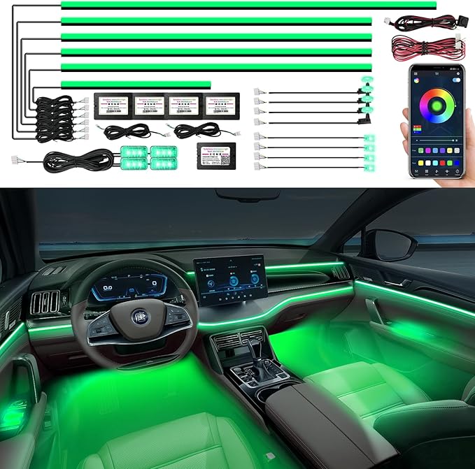 Acrylic Interior Car LED Strip Light, AMKI Car Neon Light with APP Control, 16 Million Colors Sound Activated Car Accessories Car Ambient Lighting Kit with RGB 18 in 1 and 213 Modes 175 inches 593 LED