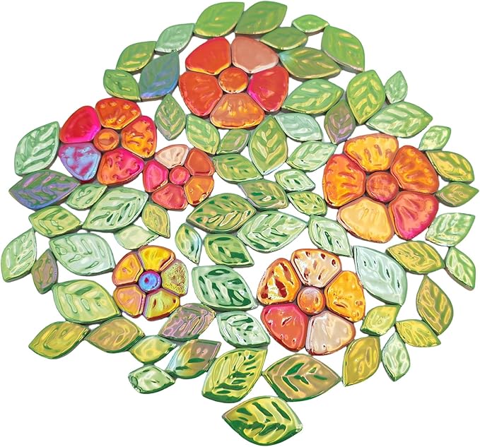 1.1LB Iridescent Leaves Ceramics Mosaic Tiles,Making Creative 3 Size Ceramic Mosaic Pieces for DIY Craft,Flowerpots,Vases,Cups,Garden Decor Mosaic Making Supplies (Red Flowers + Green Leaves)