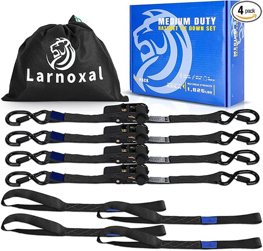 Ratchet Straps 4 Pack - 1,826 Lbs Break Strength 1 in x 15 Ft Medium Duty Ratchet Tie Down Straps with S Hooks Set for Truck, Cargo Van, Trailer, Motorcycle (Black)