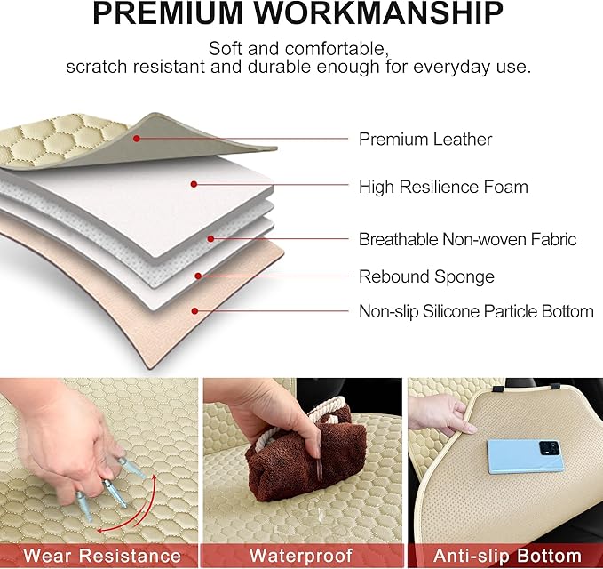 ENOGE 2 PCS Leather Car Seat Covers Front Seats Universal Sideless Seat Covers with Seat Belt Covers and Storage Pocket Waterproof Car Seat Protectors for Cars, SUV, Trucks (Beige)