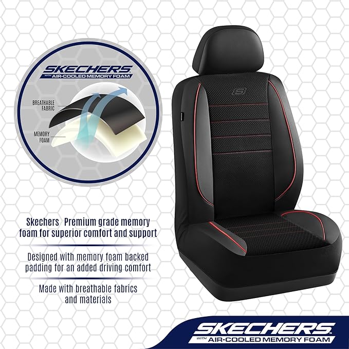Skechers Air-Cooled Memory Foam Seat Covers,Mesh Thick Car Seat Covers,Piping Leather Car Seat Cover Full Set,Airbag Compatible,Automotive Comfort Universal Fit Most Cars,Vans,Trucks,SUV,Red