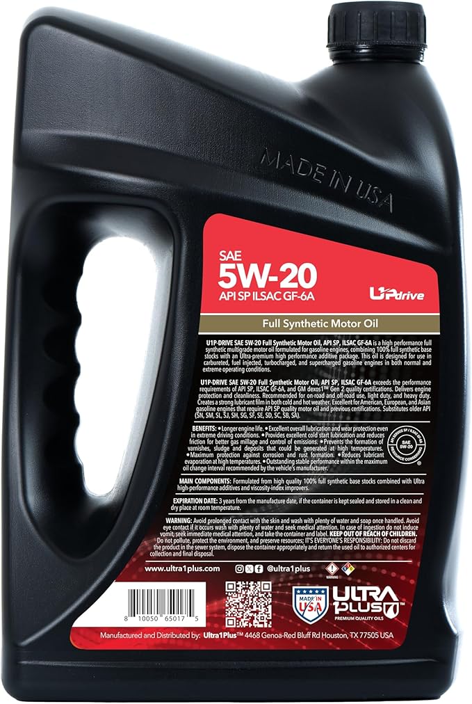 ULTRA 1PLUS SAE 5W-20 Full Synthetic Motor Oil API SP ILSAC GF-6A - 5W20 motor oil, 5 Quarts