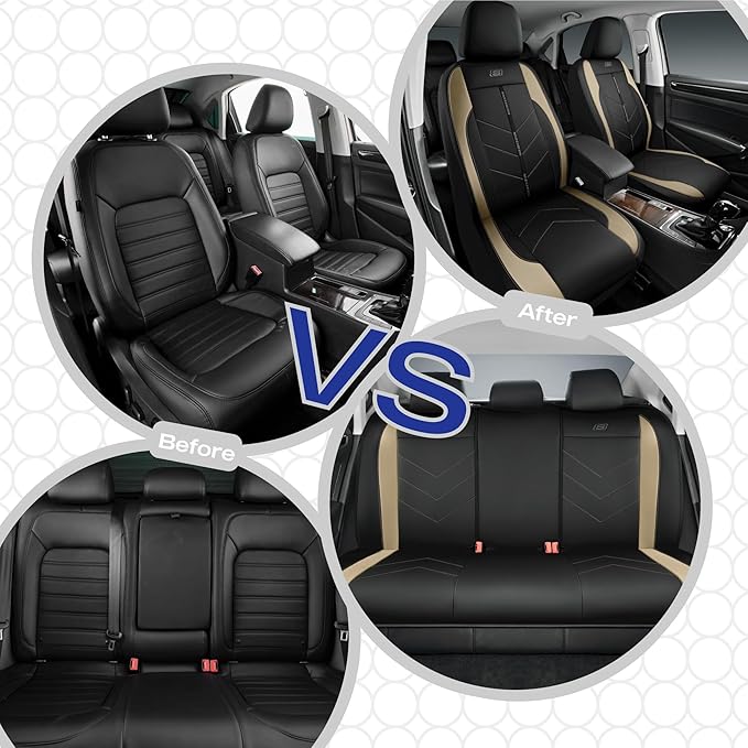 Skechers Car Seat Covers,Luxury Faux Leather Seat Covers,Waterproof Anti Slip Car Seat ProtectorFull Set,Car Accessories Airbag Universal Fit for Most Cars,Vans,Trucks,SUV,Beige