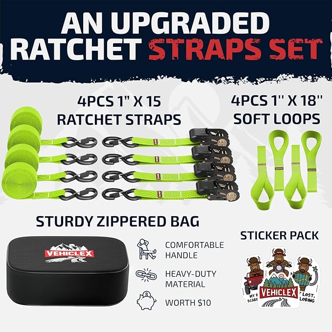 Ratchet Tie-Down Straps Set - (1" x 15', 2200lbs Breaking Strength) - Vehiclex Soft Loops, Coated S-Hooks, Storage Bag for ATV, Motorcycle, Bicycle, Kayak, Cargo Securing, Green