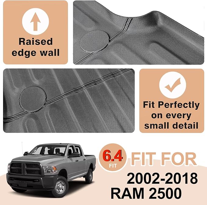 TripleAliners Truck Bed Mat Compatible with 2002-2018 Dodge RAM 1500 & 2002-2025 Ram 2500/3500 & Ram 1500 Classic 2019-2024 Accessories 6'4" Custom Fit All Weather Protection TPE Heavy Duty Bed Liners