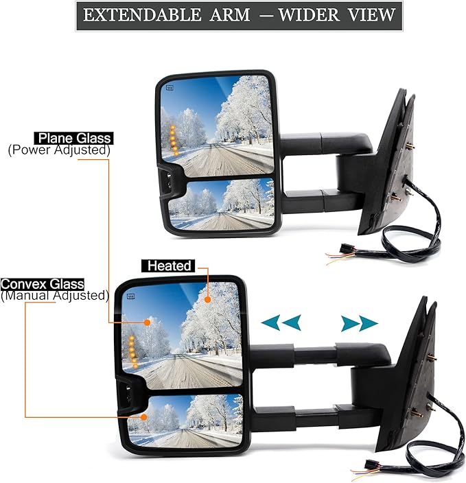 ReYee Towing Mirrors fit for 2007-2014 Chevy Silverado 1500 2500 3500 Tahoe Suburban GMC Yukon Sierra with Heated Power Arrow Signal On Glass Turn Signal Light Manual Telescoping Folding Chrome Cap