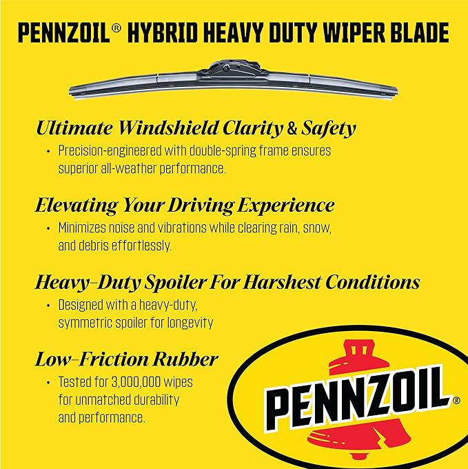 Pennzoil 872 Hybrid Heavy Duty Wiper Blades, 24 Inch & 24 Inch Windshield Wipers (Pack of 2), Automotive Replaceable Wiper Blades Reinforced with a Double Spring Frame for the Toughest Weather