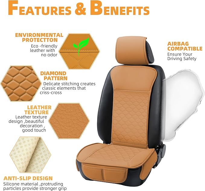 Elantrip 2PCs Front Car Seat Covers Leather Car Seat Protector Universal fit for Most Cars SUVs and Trucks Water Proof Seat Protector Whiskey Color