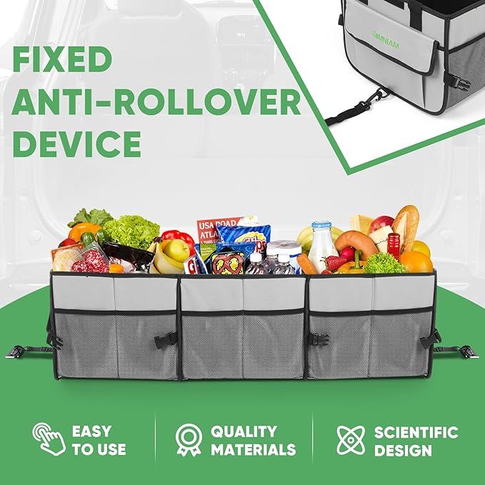 Simniam Car Trunk Organizer with Insulated Grocery Bag- 110L High Capacity Car Storage Box, with 4 Compartments, Reflective Strip, Cover, for Auto, SUV, Truck, Minivan