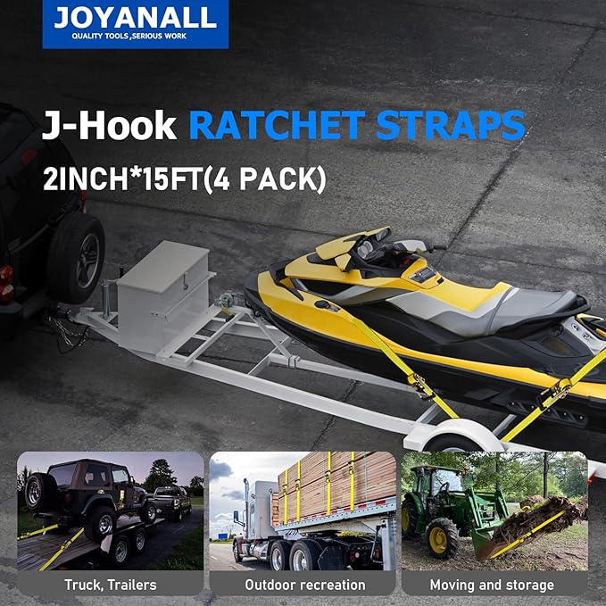 2 Inch Heavy Duty Ratchet Straps, 15ft Tie Down Straps Ratchet with Double J Hook, 10000lbs Breaking Strength, Cargo Ratchet Straps for Moving Motorcycle, Trailer & Trucks (4 Pack)