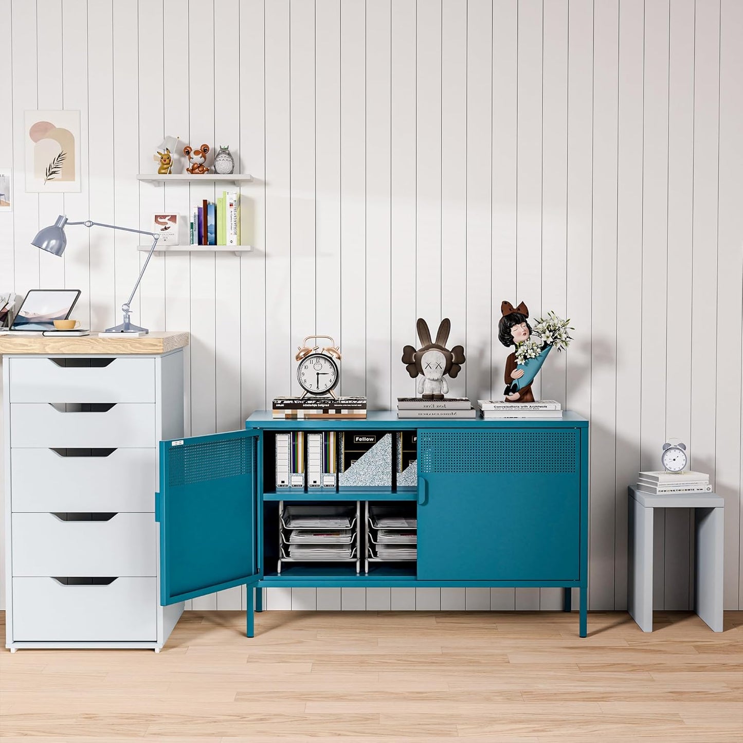 2 Door Storage Sideboard, Metal Storage Cabinet with 2 Adjustable Shelf,Multipurpose Metal Accent Cabinet for Office Home,Music Studio (Peacock Blue, 25''H)