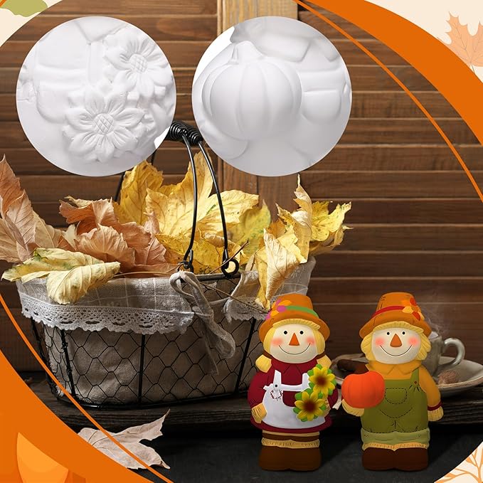 Seenelling 2 Pack Fall Thanksgiving Scarecrow Ready to Paint Your Own Statues 4'' DIY Unpainted Ceramics Figurines Kit Blank Paintable Ceramics Classroom Art and Crafts Decorations
