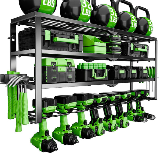 Power Tool Organizer Wall Mount, 4 Layers Tool Storage Rack with 8 Cordless Drill Holders, Power Tool Shelf Loads 400lbs for Garage, Warehouse, Workshop, Gifts for Men, Husband (Bohemian)